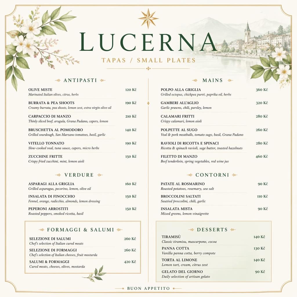 Luxusní jídelní lístek A4 na výšku pro lucerna menu s dekorativní hlavičkou, sekcemi chodů a sloupcem cen.
