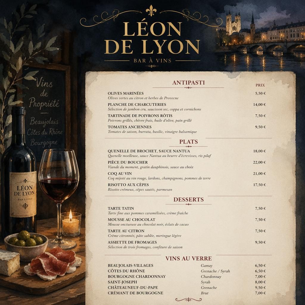 Carte des vins A4 en portrait, style aquarelle cosy aux tons sombres, avec en-tête décoratif, rubriques et colonne de prix.