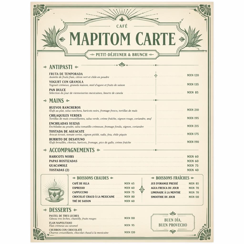 Carte de menu brunch mexicain A4 en portrait, style vintage années 1920, palette sauge et ivoire, avec en-tête décoratif.