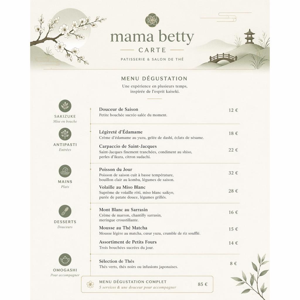 Carte de menu A4 portrait mama betty carte, style kaiseki japonais, palette sauge et ivoire, en-tête décoratif et prix.