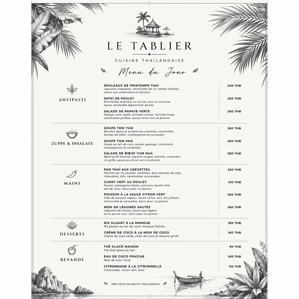 Carte de menu thaï A4 en portrait, style resort tropical monochrome, en-tête décoratif, sections, plats fictifs et colonne de prix.