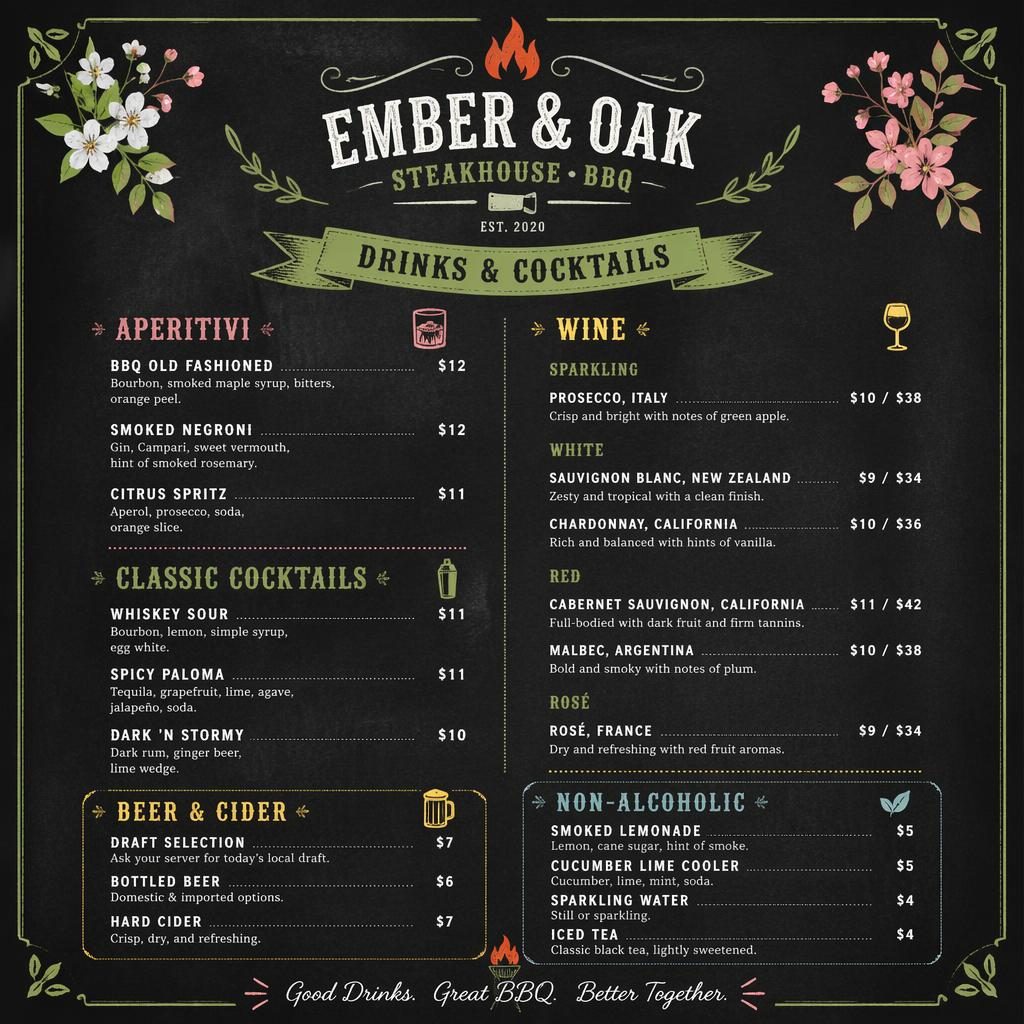 A4 portrait steakhouse drinks menu card with chalkboard cafe design, spring palette, decorative header, placeholder items and prices.
