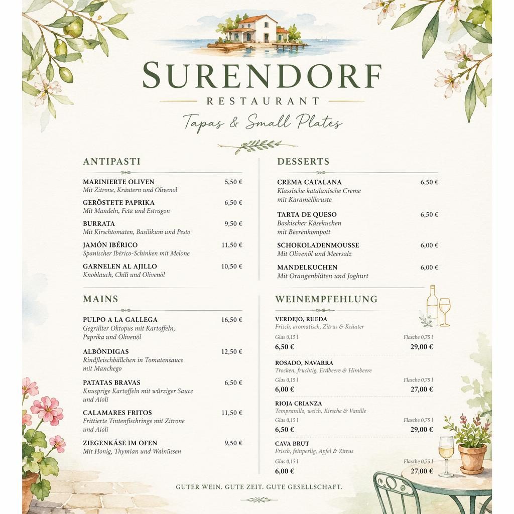 A4-Menükarte im Hochformat für surendorf restaurant, Weinkarte in Aquarelloptik mit Frühlingsfarben und Preisliste.