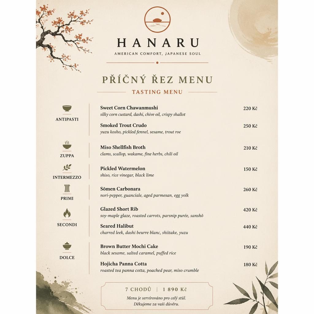 A4 menu karta na výšku v teplé zemitě paletě, kaiseki styl, dekorativní záhlaví, sekce jídel a sloupec cen.