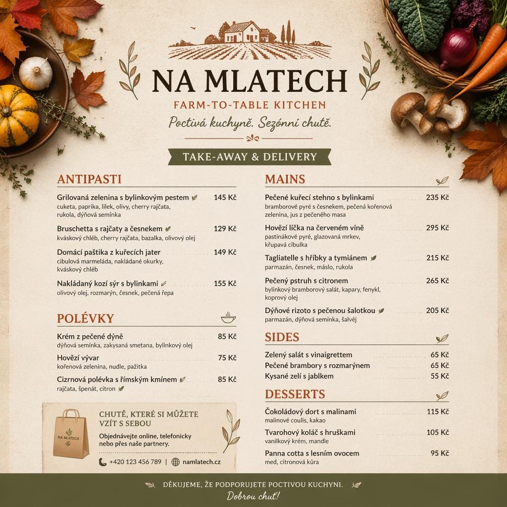 A4 jídelní lístek na mlatech menu v rustikálním podzimním stylu s hlavičkou, sekcemi jídel, popisy a sloupcem cen