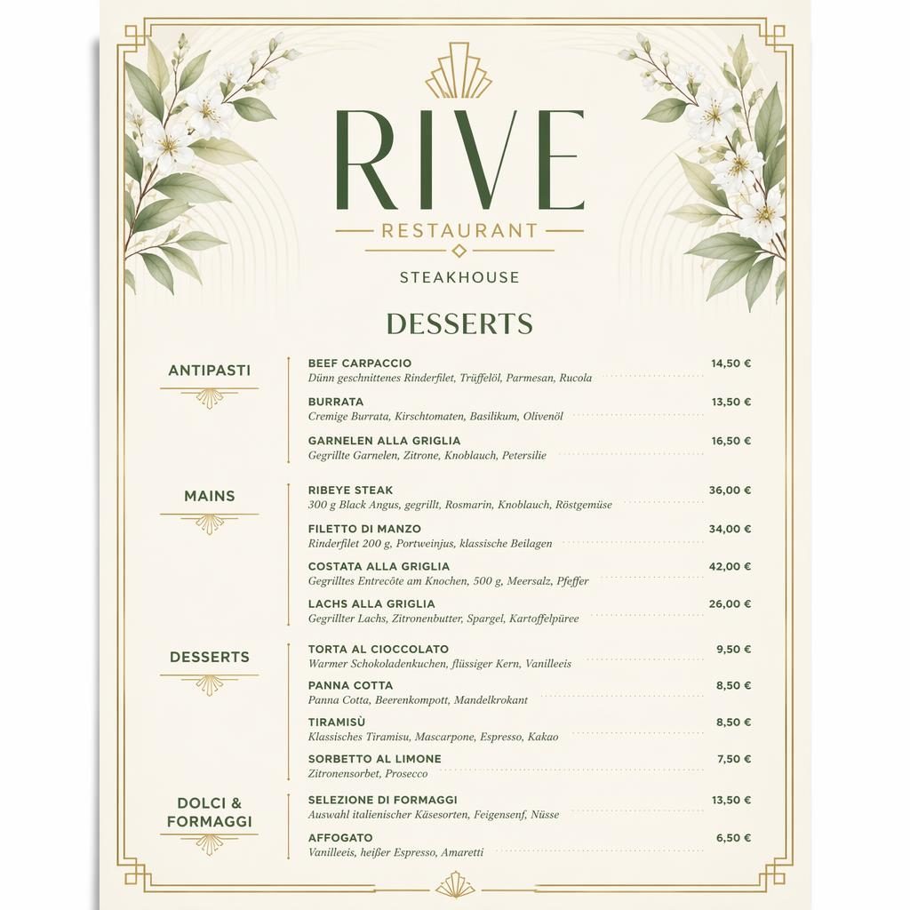 A4-Dessertkarte für rive restaurant im Art-Déco-Look mit Frühlingsfarben, Zierkopf, Platzhaltertext und Preisspalte.