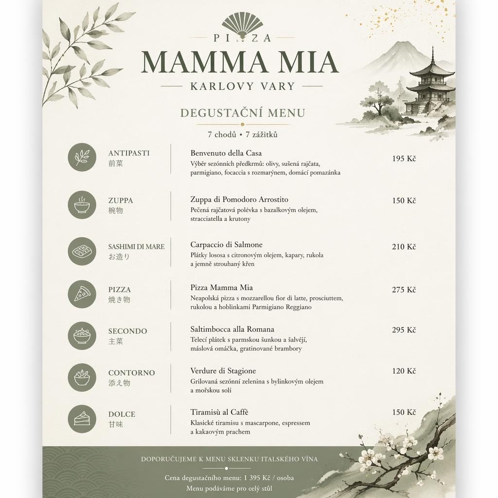 A4 menu karta na výšku v odstínech šalvějové a slonové kosti, s dekorativní hlavičkou, sekcemi a sloupcem cen.