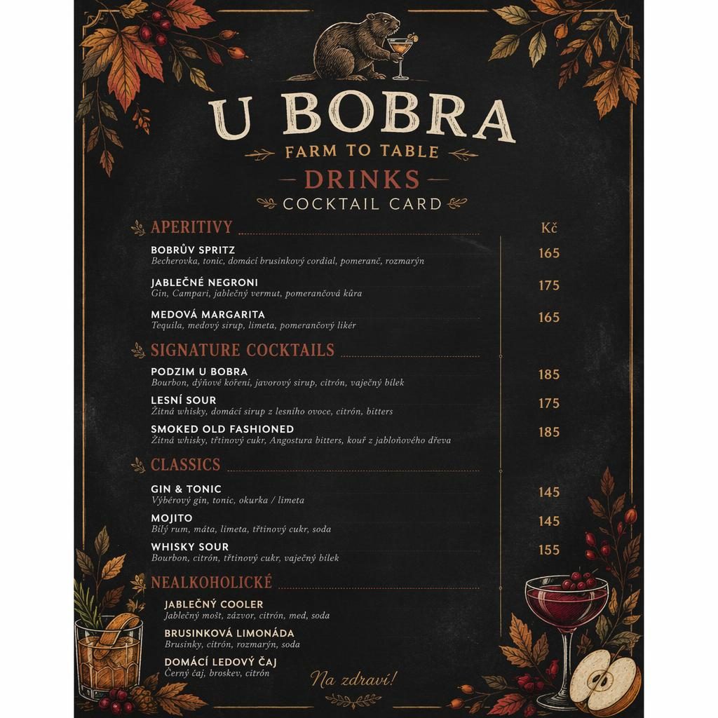 A4 koktejlový nápojový lístek u bobra menu ve stylu křídové kavárny, podzimní paleta, dekorativní hlavička a ceny