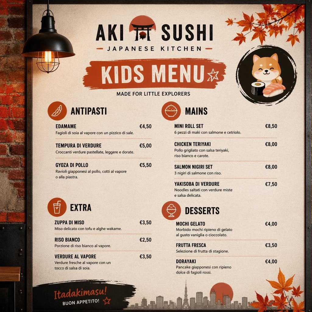 Carta menú infantil de sushi en formato A4 vertical, estilo loft industrial, paleta otoñal, con encabezado decorativo y precios.