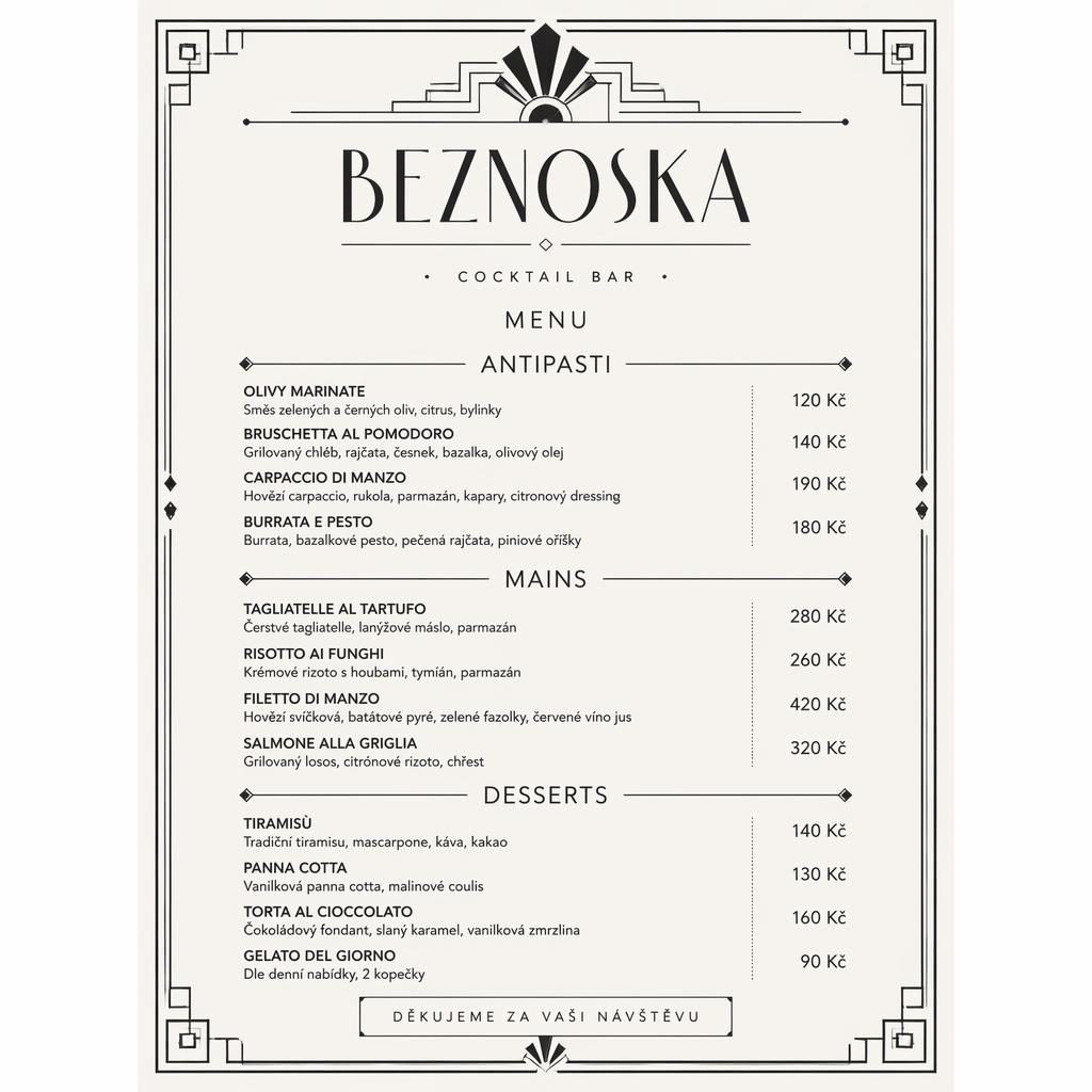 A4 dessert menu card pro beznoska menu v art deco stylu, černobílá paleta, dekorativní záhlaví a sloupec cen.