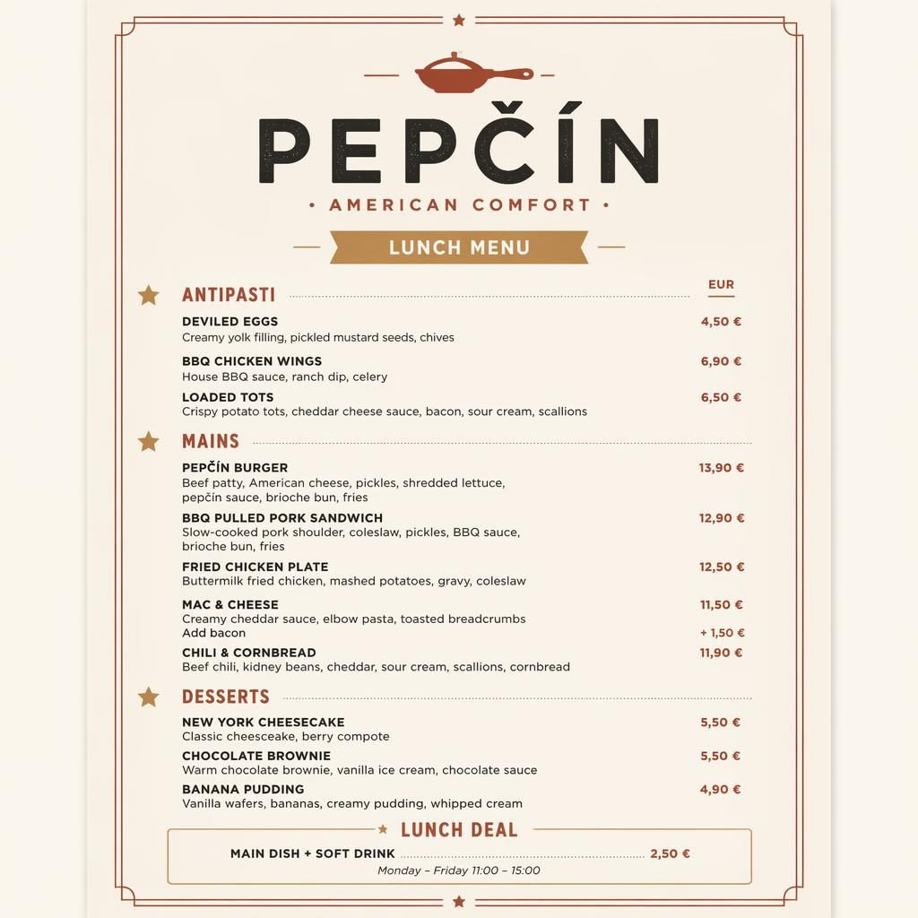 Minimalistický jídelní lístek A4 na výšku pro pepčín menu v teplé zemité paletě se sekcemi, názvy jídel a sloupcem cen.