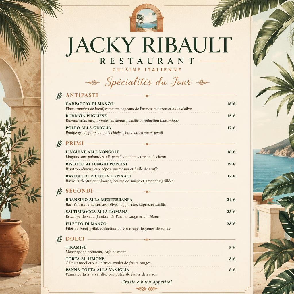 Carte menu A4 en portrait pour jacky ribault restaurant, style resort tropical, tons terre chauds, rubriques italiennes et colonne de prix.
