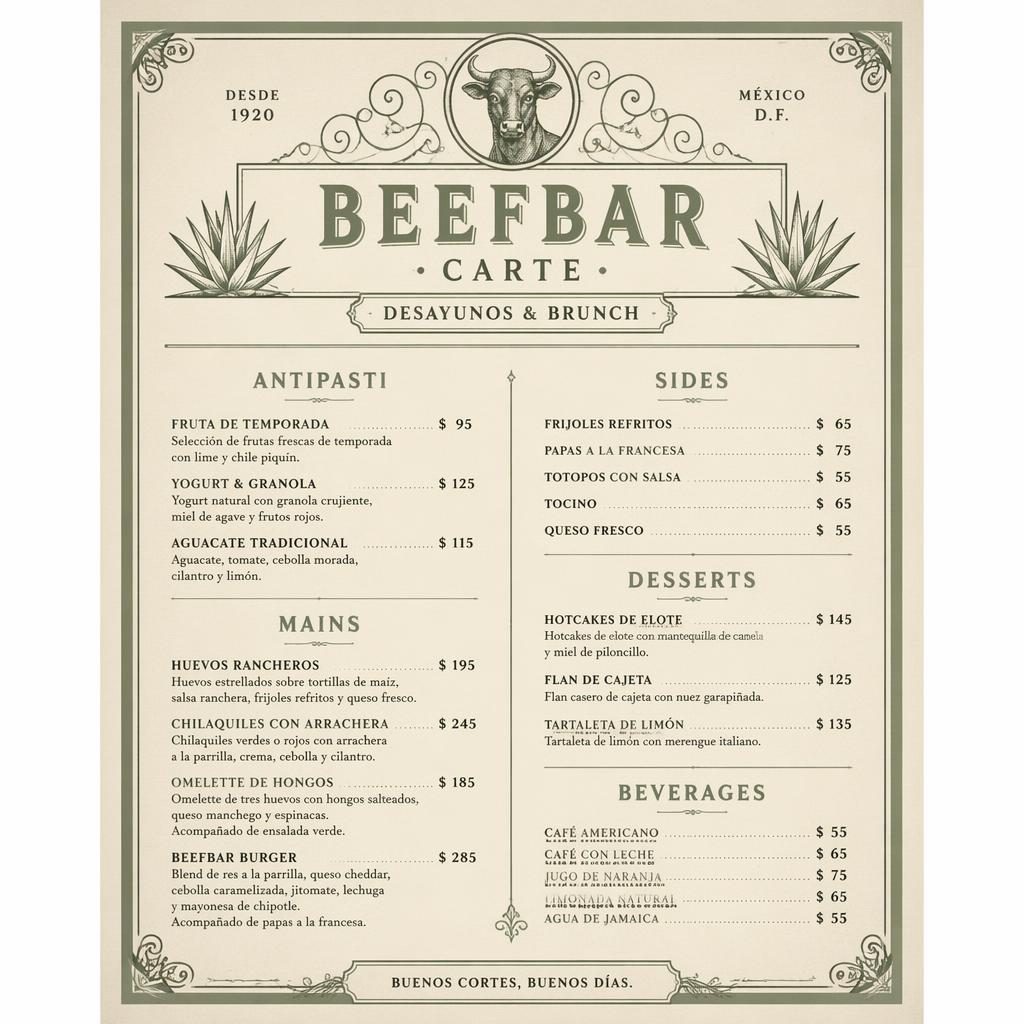 Carte de menu brunch mexicain Beefbar en format A4 portrait, palette sauge et ivoire, style vintage années 1920.