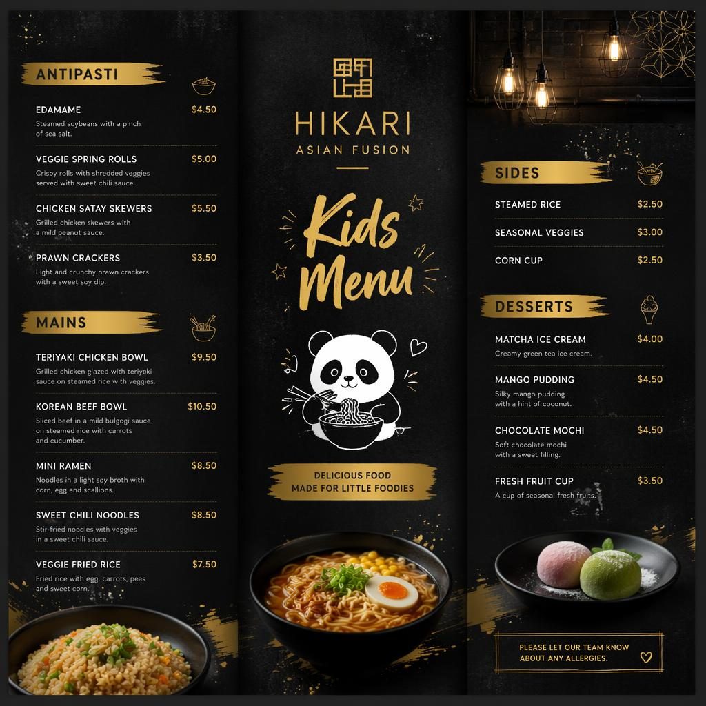 A4 portrait kids menu card in black and gold, industrial loft style, with decorative header, placeholder dish text, and prices.