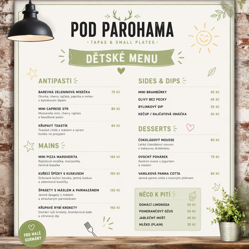Tisková karta dětského menu Pod parohama ve formátu A4, industriální loft styl, jarní paleta, sekce a sloupec cen.