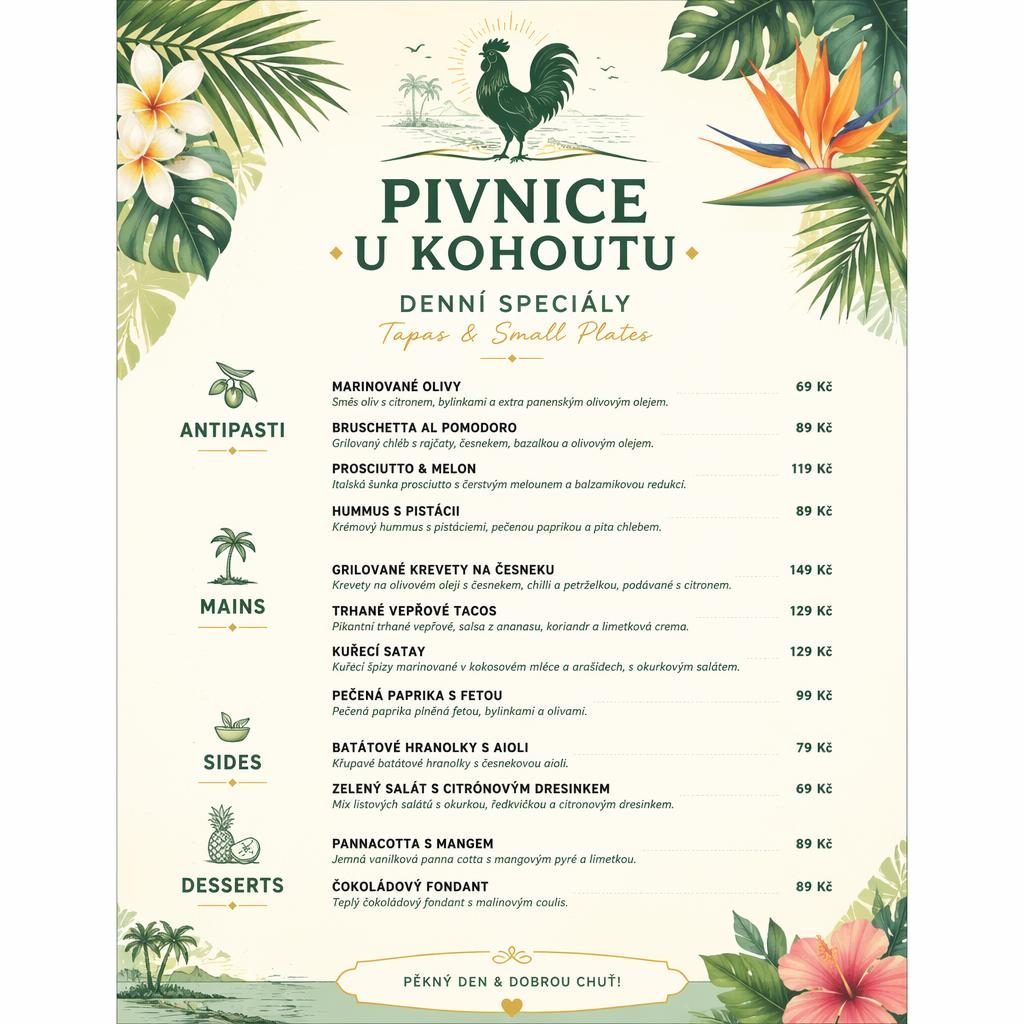 A4 menu karta pro pivnice u kohoutu na výšku, tropický resortní design, jarní paleta, sekce jídel a sloupec cen.