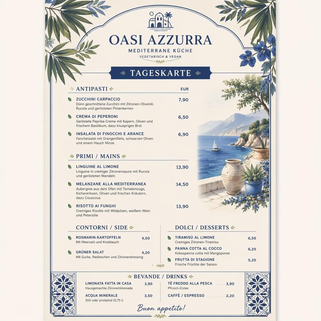 A4-Menükarte im Tropical-Resort-Stil in Blau und Creme mit vegetarischen und veganen Tagesgerichten und Preisspalte