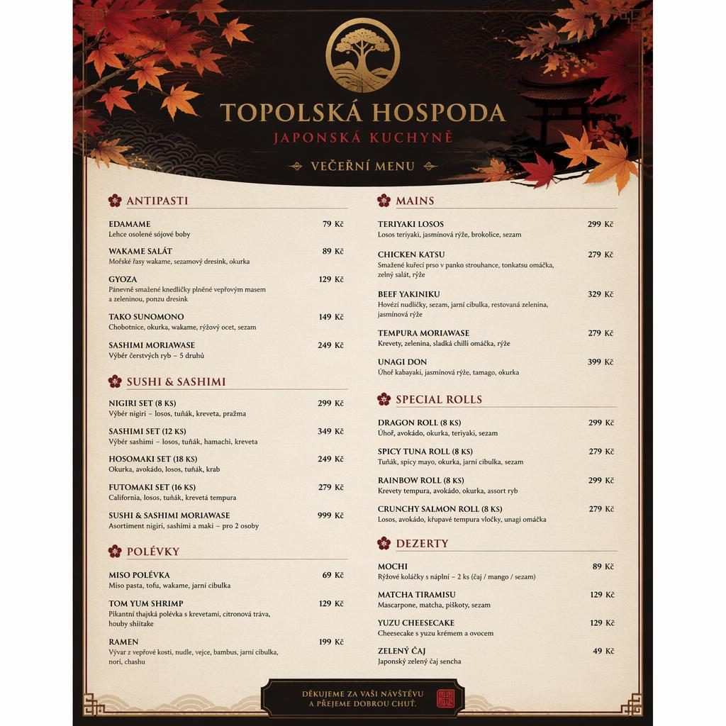 Tisková menu karta A4 na výšku pro topolská hospoda menu, luxusní sushi večeře, podzimní paleta, ceny a sekce.