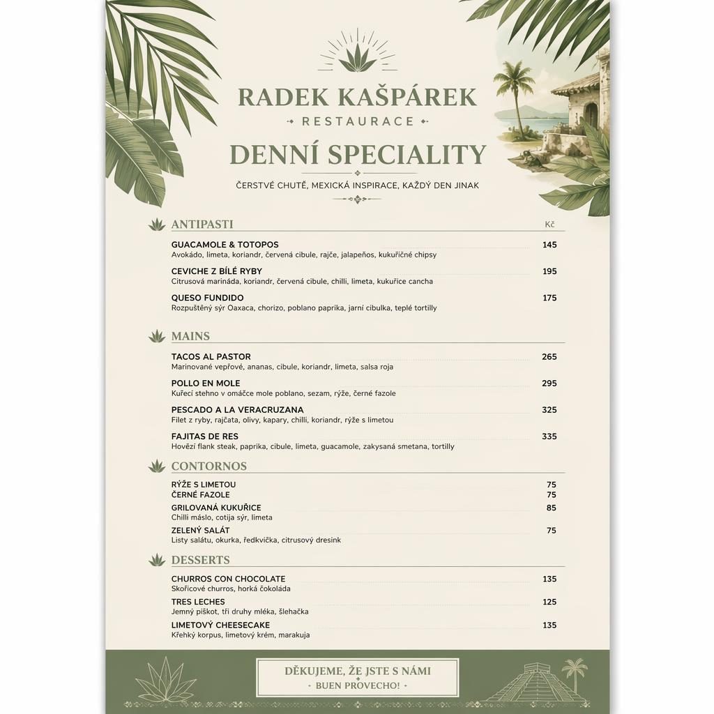 Ilustrace menu karty A4 na výšku pro Radek Kašpárek restaurace, mexický denní speciál v tropickém stylu sage a ivory.