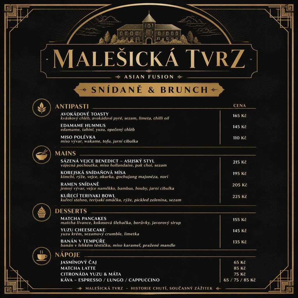Tisková A4 karta menu malešická tvrz menu v černo-zlatém stylu 20. let s dekorativní hlavičkou, sekcemi a cenami.