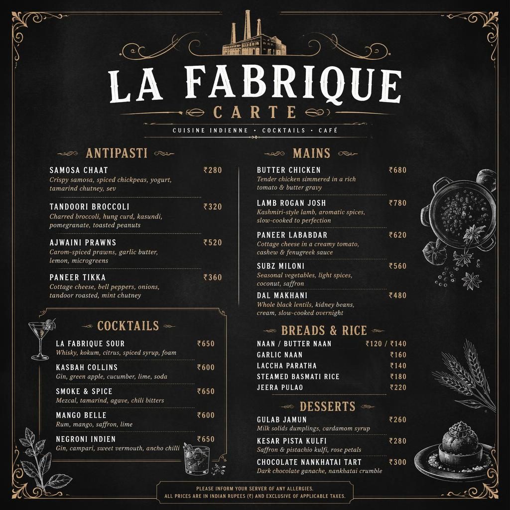 Carte de cocktails A4 verticale style ardoise sombre, en-tête décoratif, rubriques, textes fictifs et colonne de prix.