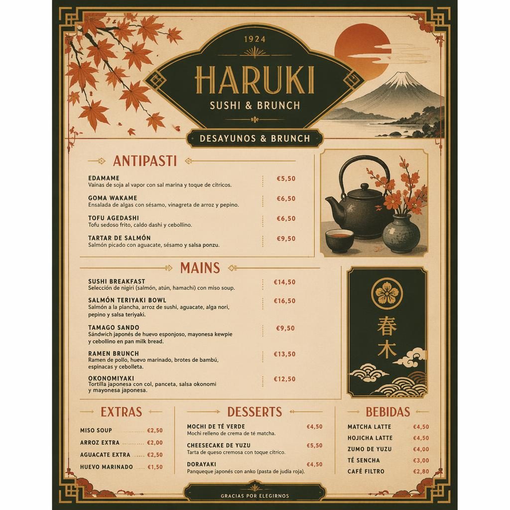 Tarjeta de menú A4 vertical para sushi brunch, estilo vintage años 1920, paleta otoñal, encabezado decorativo y precios.