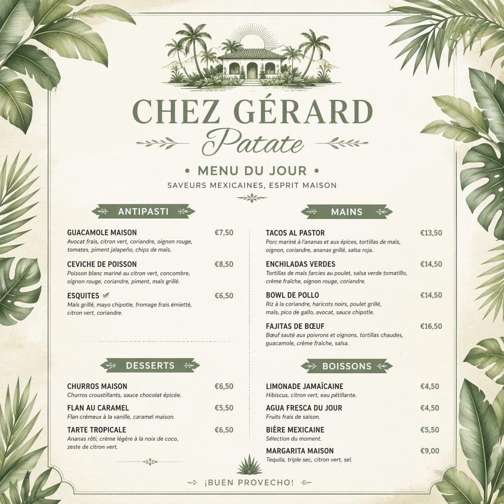 Carte de menu mexicaine A4 en portrait, style resort tropical, palette sauge et ivoire, en-tête décoratif, sections et prix.