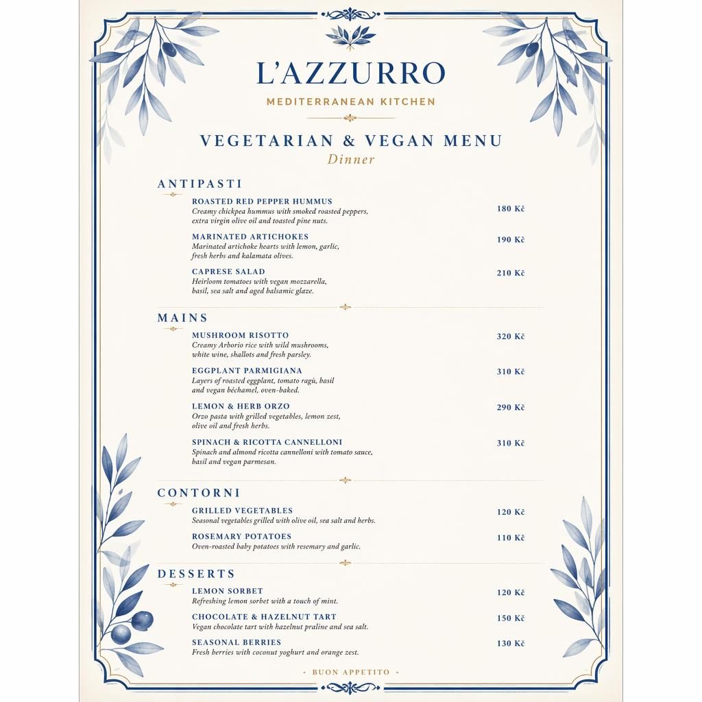 A4 menu karta pro večeři ve stylu fine dining v modro-krémové paletě s dekorativní hlavičkou a sloupkem cen