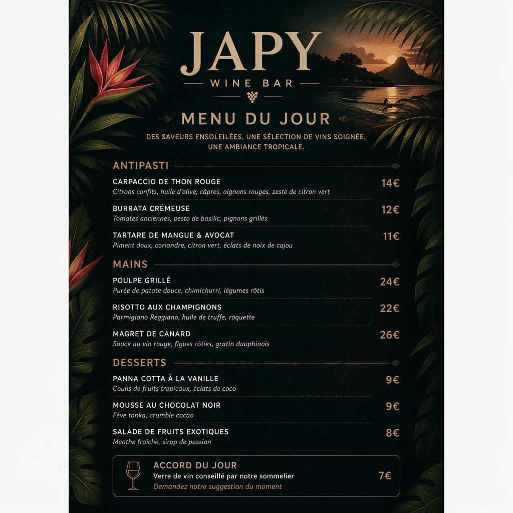 Carte de menu A4 portrait pour japy menu, style tropical sombre, en-tête décoratif, sections, plats et colonne de prix.