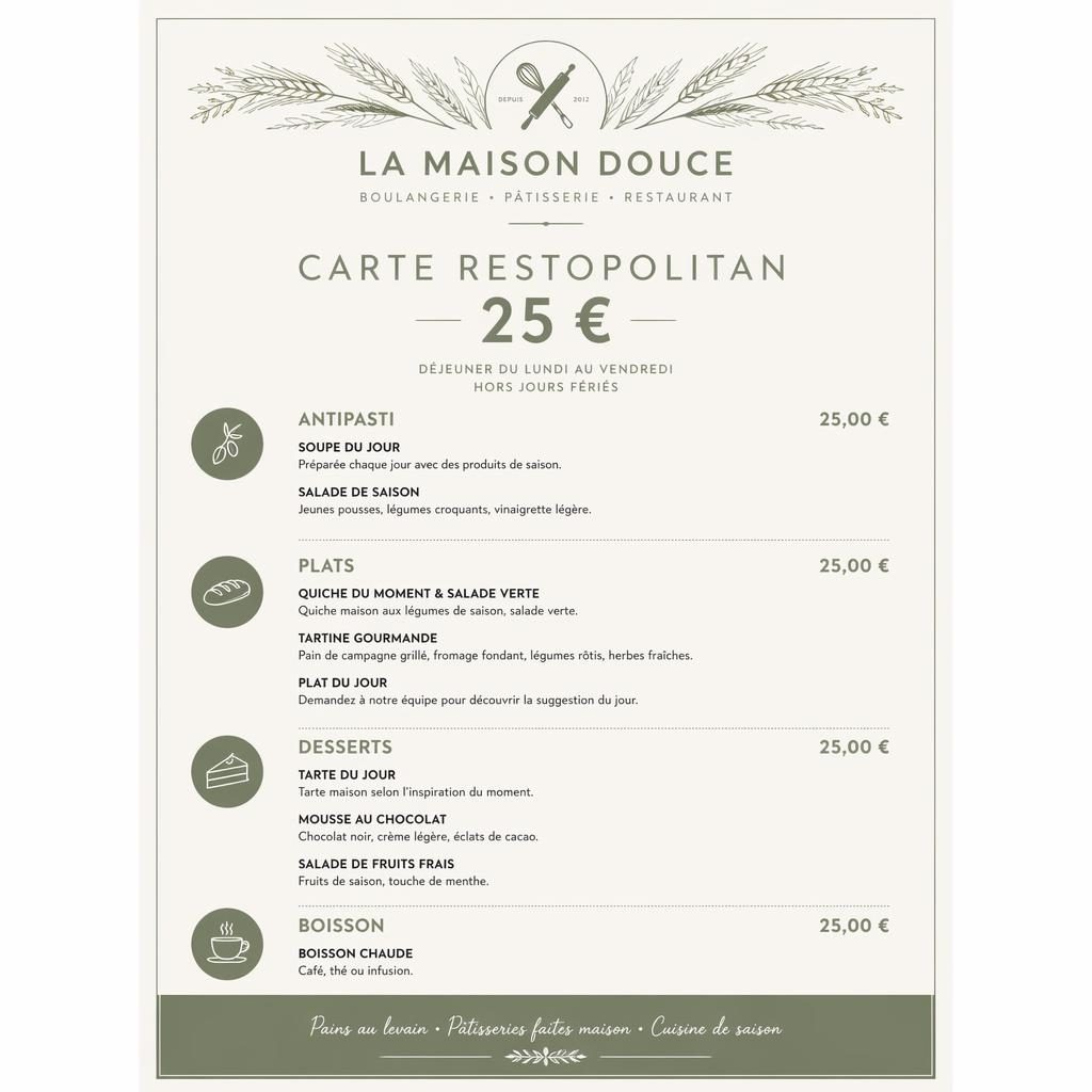 Menu déjeuner A4 portrait style suisse minimaliste, palette sauge et ivoire, pour boulangerie-pâtisserie avec colonne de prix.