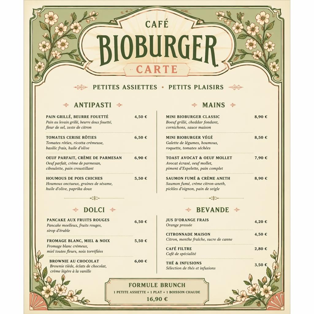 Carte de menu brunch A4 en portrait, style années 1920, palette printanière, en-tête décoratif, rubriques et colonne de prix.
