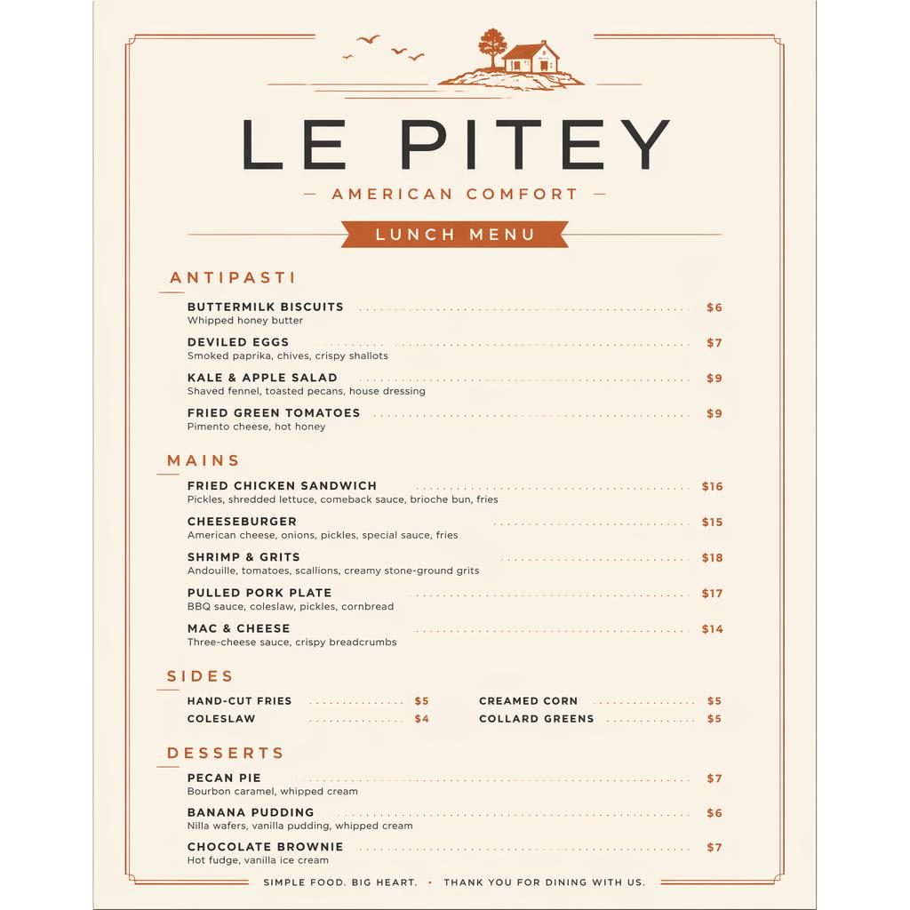 Carte de déjeuner A4 portrait pour le pitey menu, style suisse minimaliste, tons terreux, sections, plats et prix.
