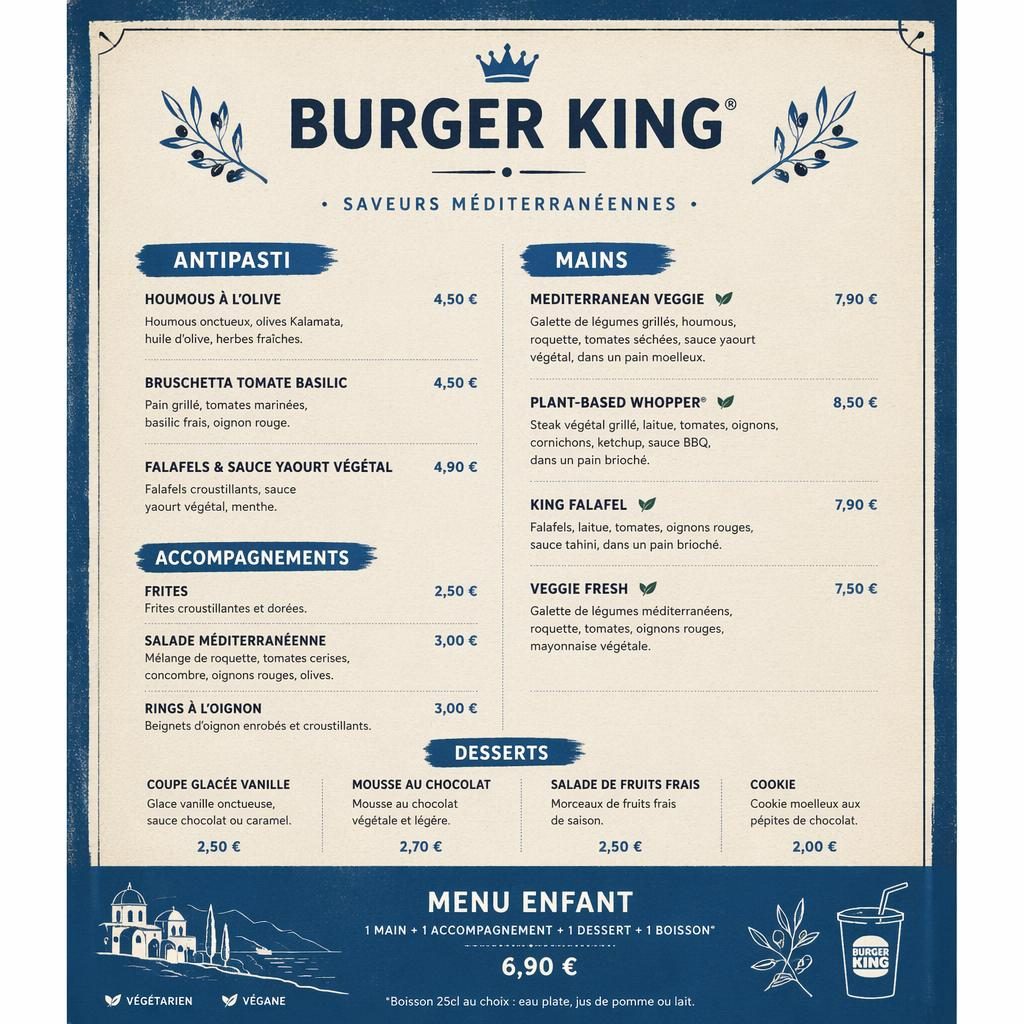 Carte menu enfant vegan format A4 portrait, palette bleu méditerranéen et crème, style loft industriel, avec en-tête décoratif.