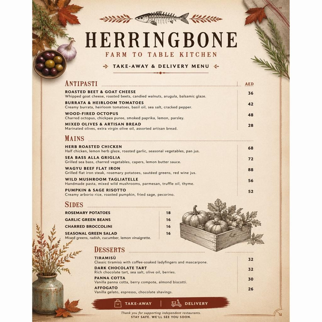 A4 portrait restaurant menu card with rustic autumn colors, decorative header, section titles, dish placeholders, and prices.
