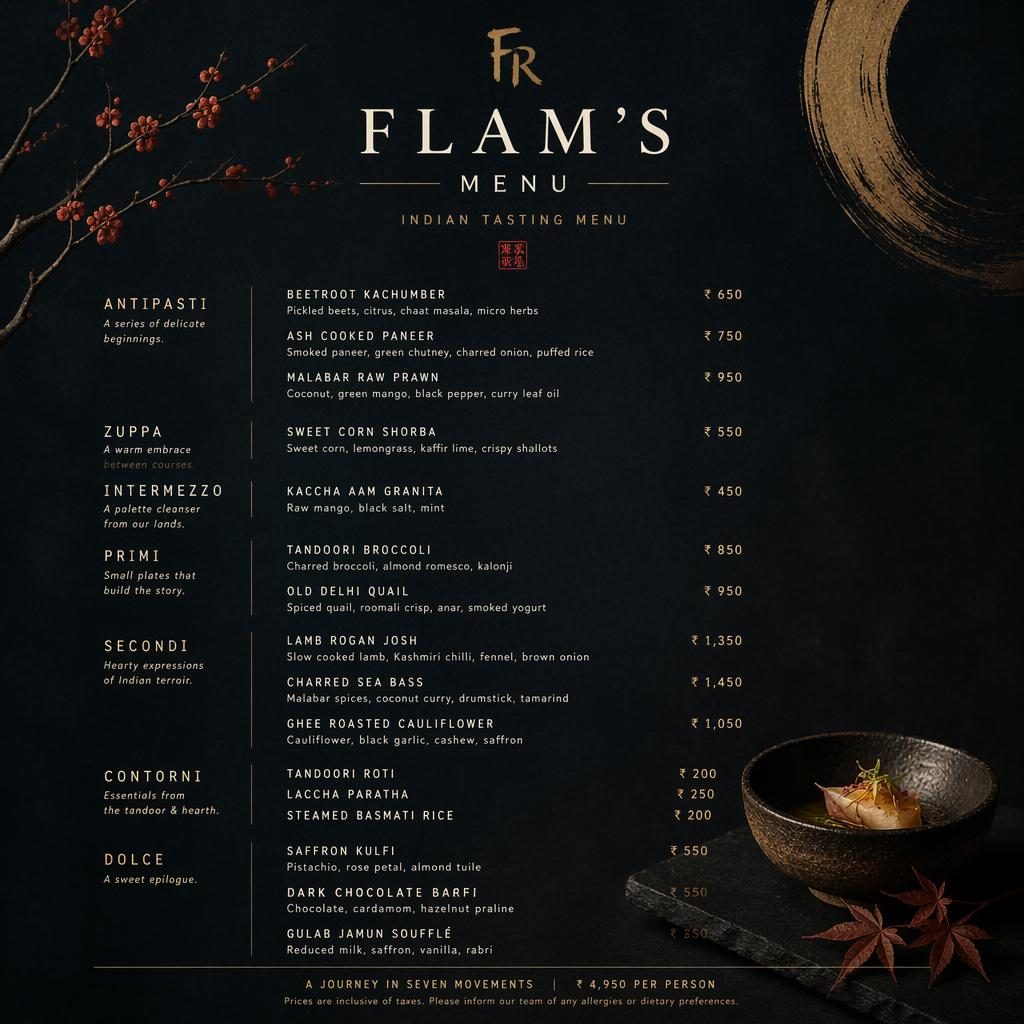 Carte de menu A4 portrait pour flam's menu, style kaiseki sombre, avec en-tête décoratif, sections, plats et prix.