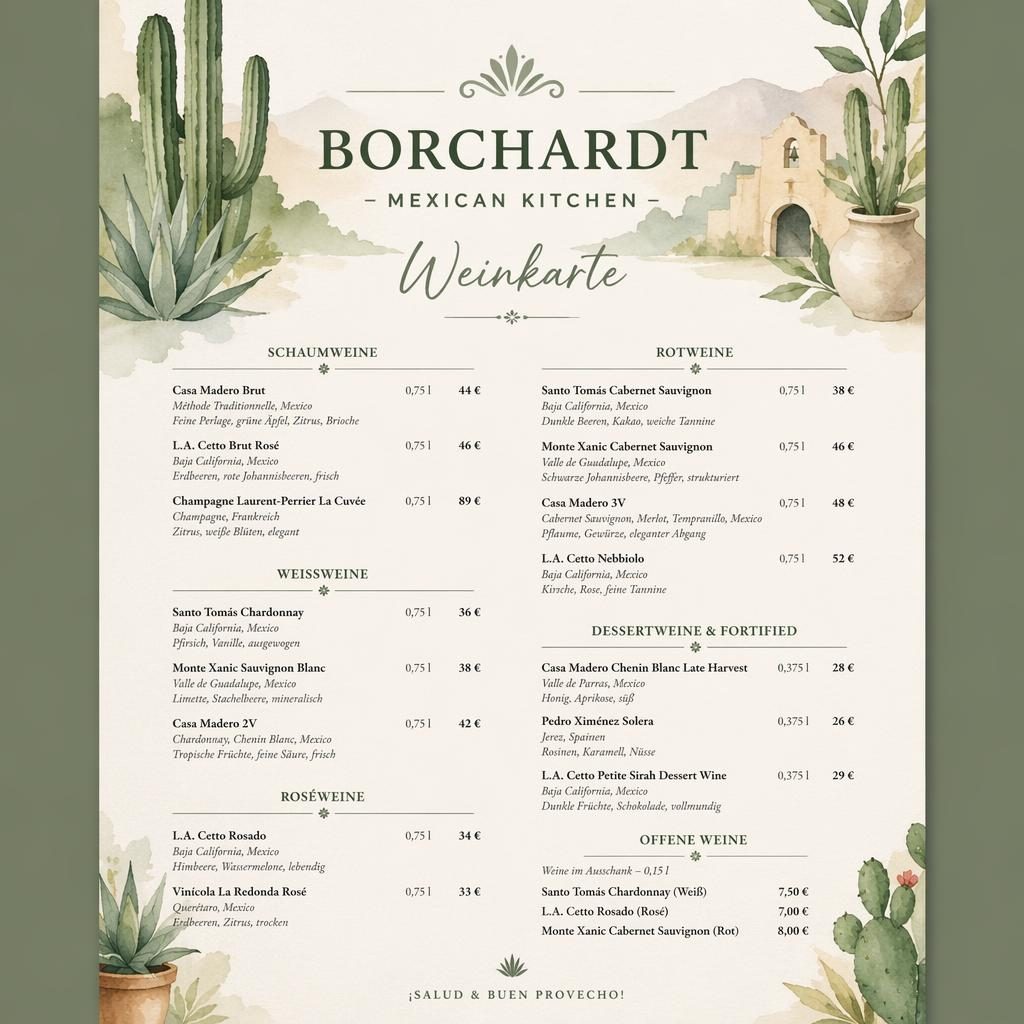 A4-Menükarte als Weinkarte für Restaurant Borchardt im Aquarellstil in Salbei und Elfenbein mit Preisspalte