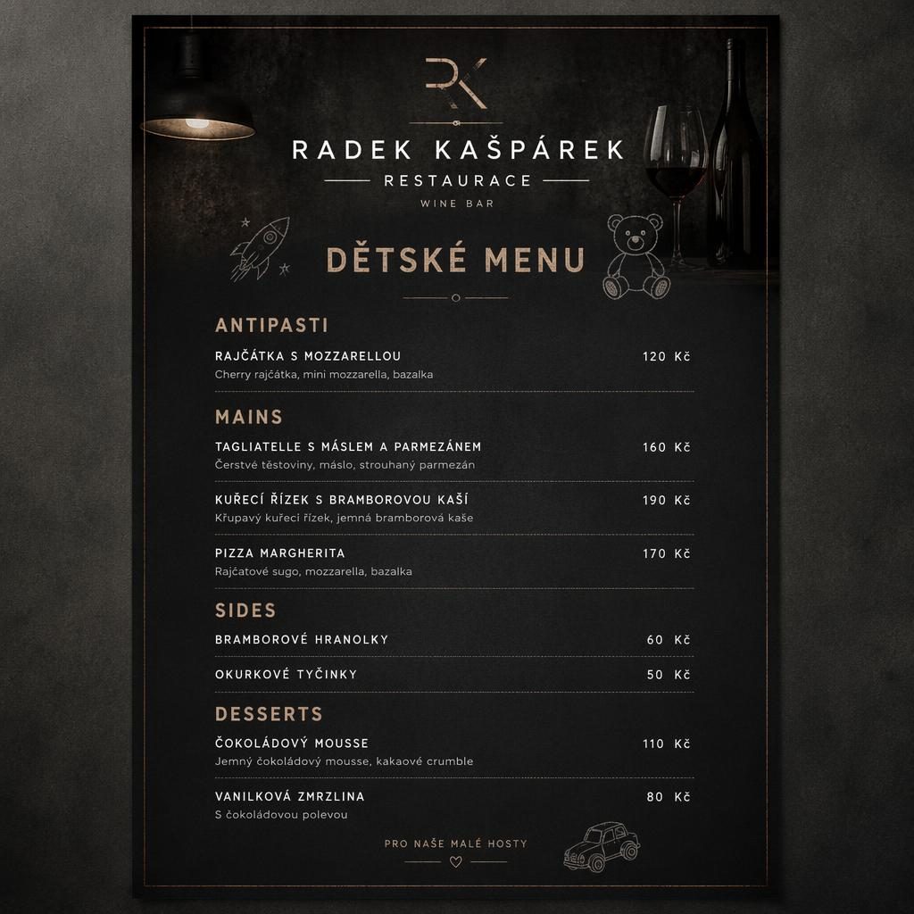 A4 jídelní lístek pro děti pro Radek Kašpárek restaurace, tmavý industriální loft, sekce jídel a sloupec cen.