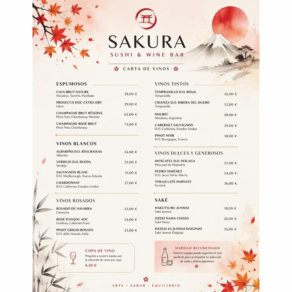 Tarjeta de menú A4 vertical de sushi japonés, estilo acuarela otoñal, con encabezado decorativo, secciones y precios.