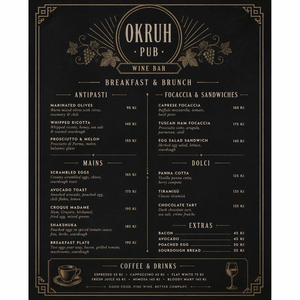 A4 menu karta na výšku pro wine bar, vintage styl 20. let, tmavá paleta, dekorativní záhlaví, sekce a sloupec cen.