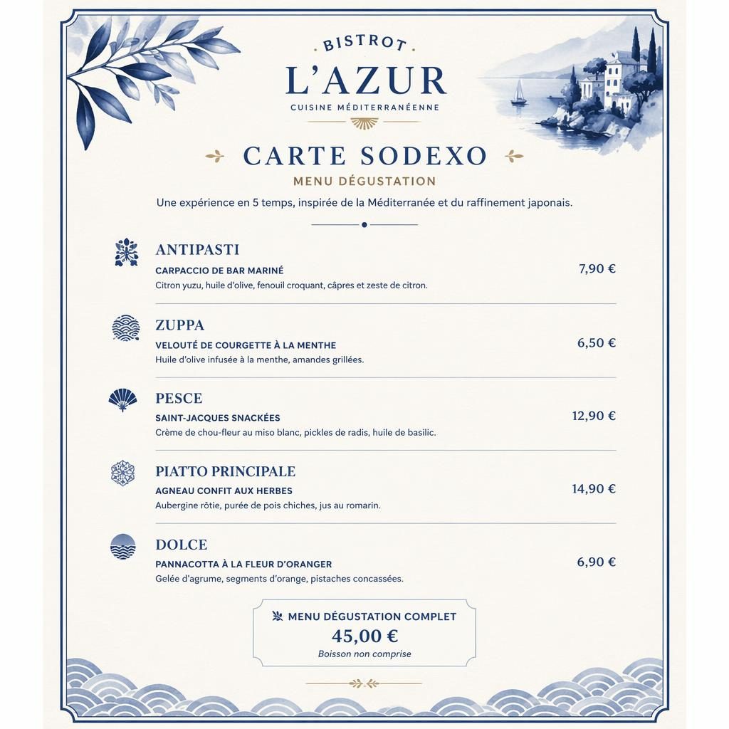 Carte sodexo en format A4 portrait, menu dégustation de bistrot français, palette bleu méditerranéen et crème.