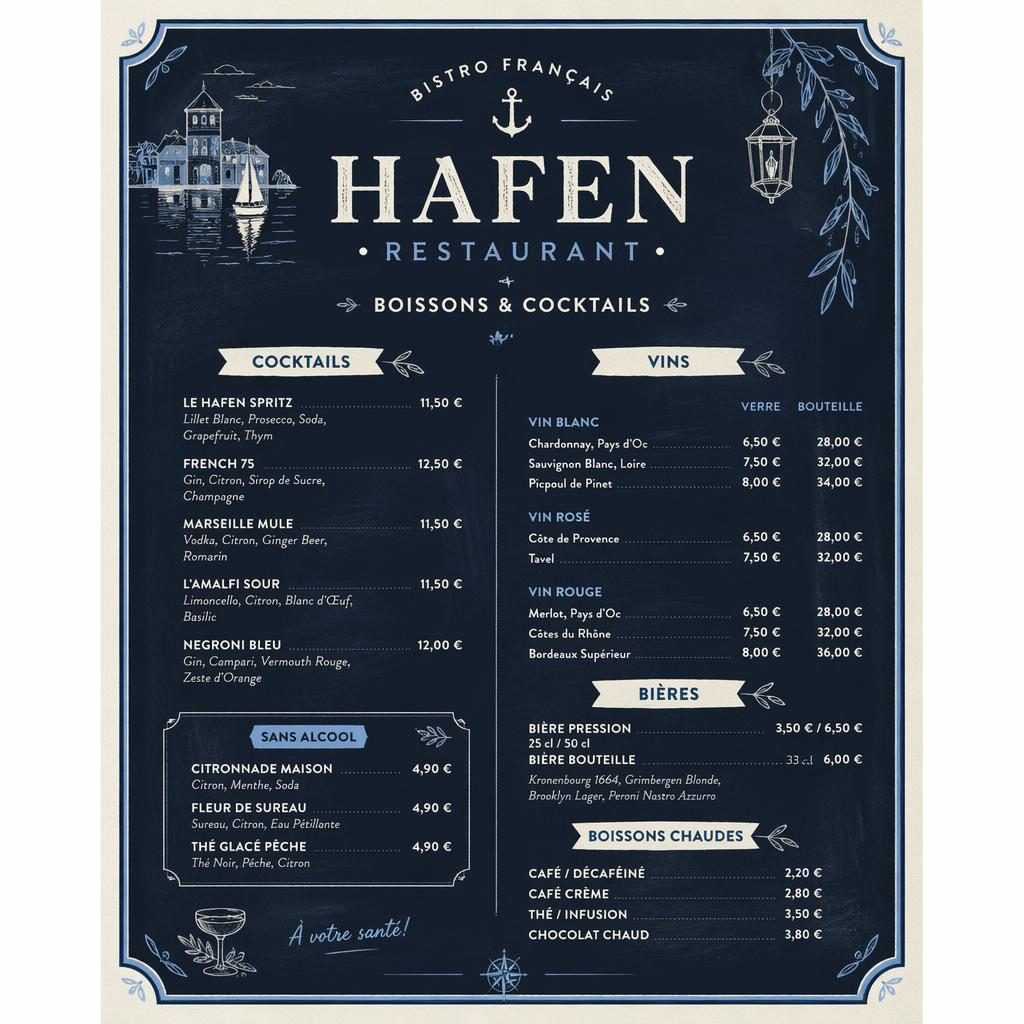 A4-Getränke- und Cocktailkarte für hafen restaurant im Kreidetafel-Look, blau-creme, mit Zierkopf, Rubriken und Preisen.