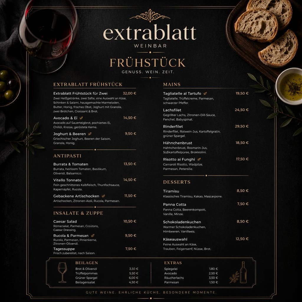 A4-Menükarte im Hochformat für extrablatt frühstück, dunkel elegant mit dekorativem Kopf, Rubriken, Platzhaltertext und Preisen.