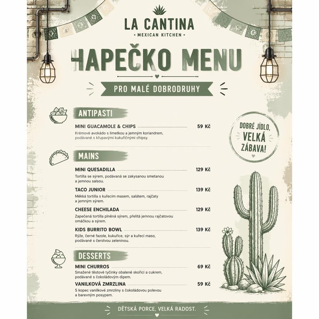 A4 dětské hapečko menu v mexickém stylu, šalvějově-ivory paleta, industriální loft, dekorativní hlavička a ceny