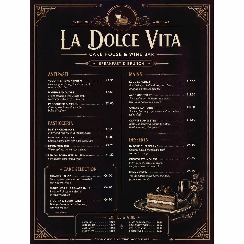A4 portrait vintage 1920s menu card for a cake business with dark moody palette, decorative header, sections, dishes, and prices.