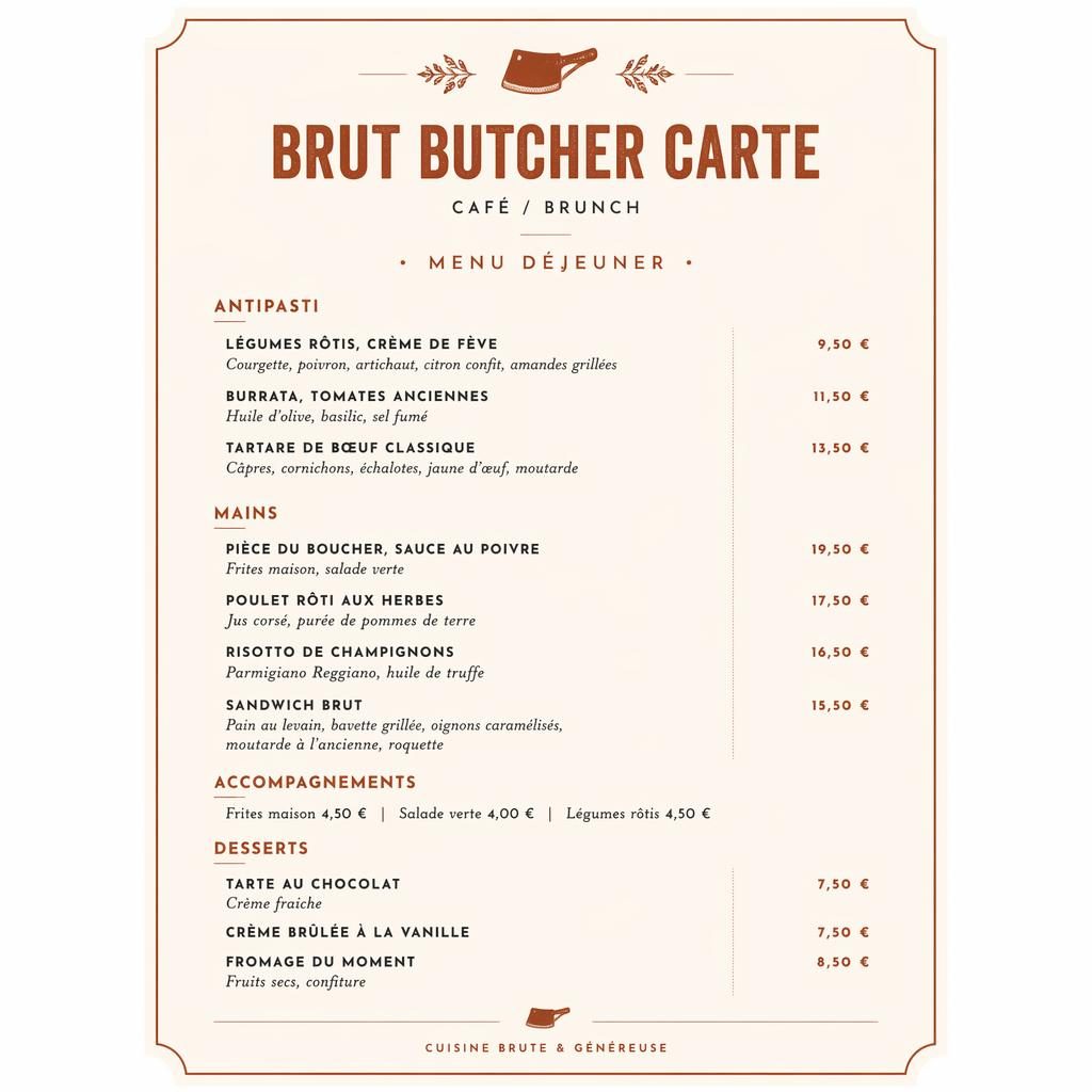 Carte de menu déjeuner A4 portrait, palette crème et rouille, style suisse minimaliste avec colonnes de prix.