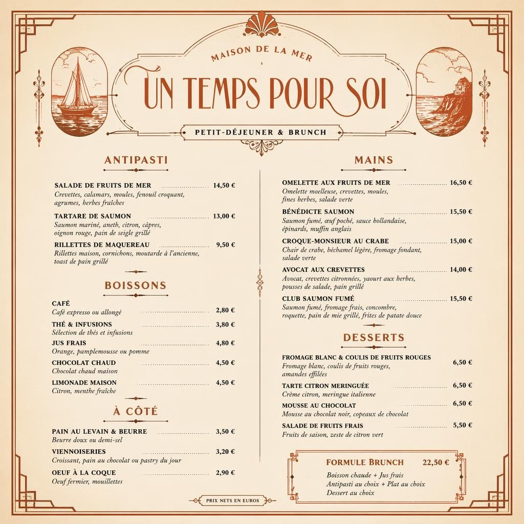 Carte de menu A4 portrait style années 1920, tons crème chaud et rouille, avec en-tête décoratif, sections et prix.
