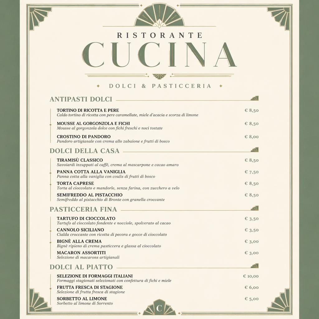 A4-Dessertkarte für restaurant cucina im Art-déco-Stil in Salbei und Elfenbein mit dekorativem Header und Preisspalte