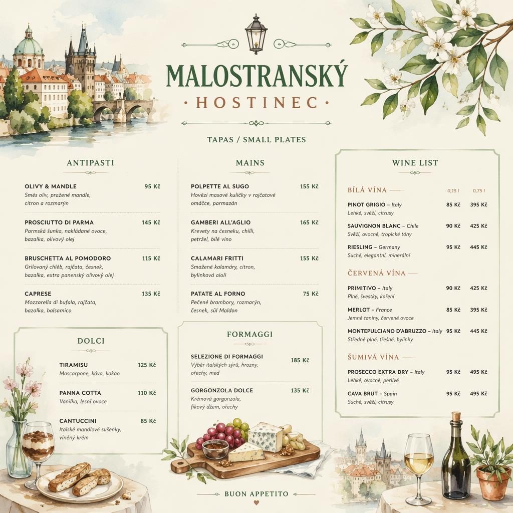 Akvarelový vinný lístek pro malostranský hostinec, A4 na výšku, dekorativní záhlaví, sekce a sloupec cen.