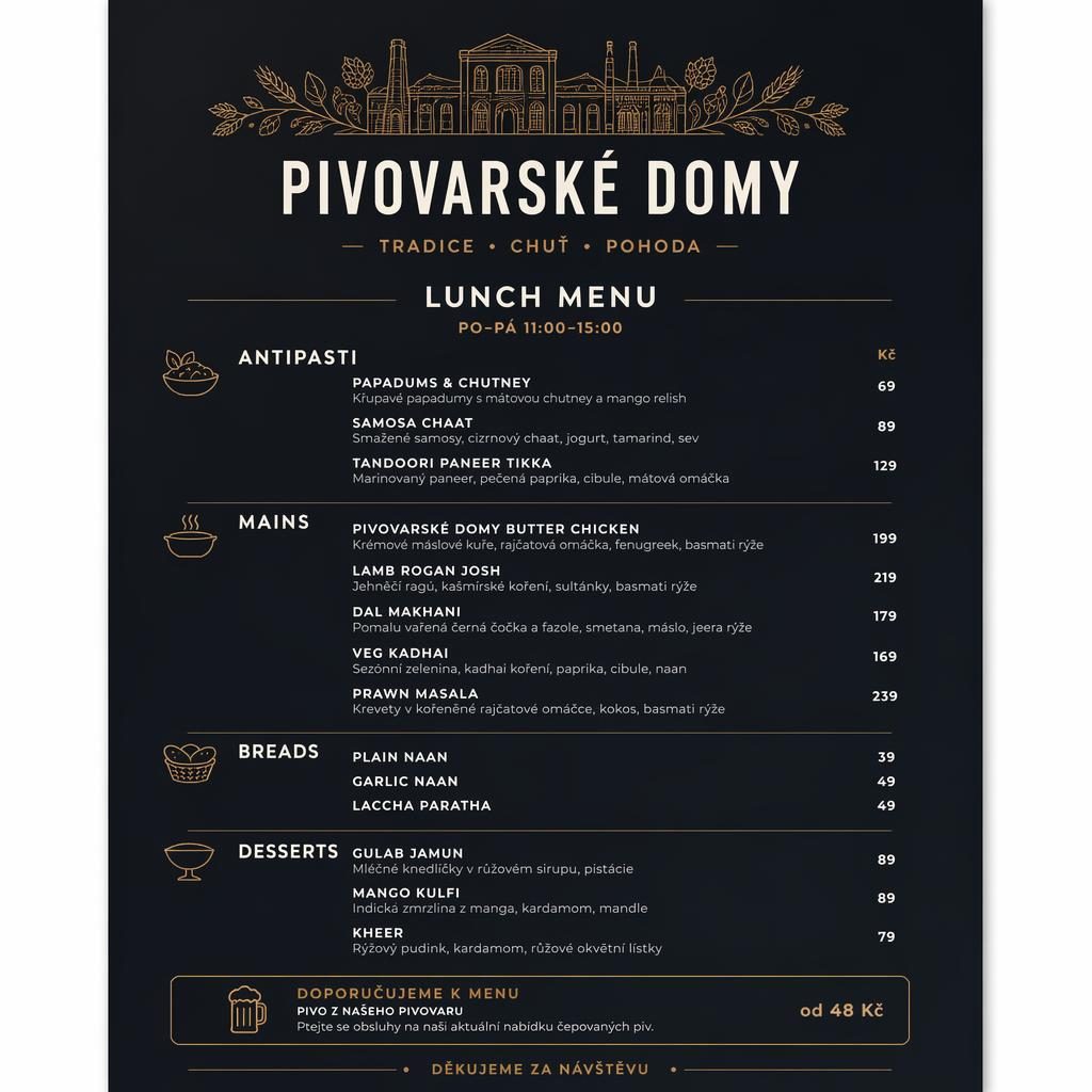 Minimalistický jídelní lístek A4 na výšku pro pivovarské domy menu, tmavá moody paleta, indické polední menu a ceny.