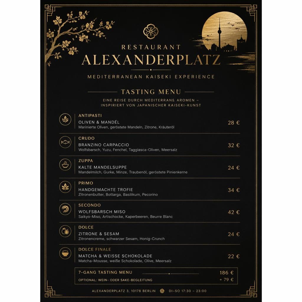 A4-Menükarte im Kaiseki-Stil in Schwarz und Gold mit dekorativem Header, Platzhaltertext, Preisleiste und mediterranen Gängen
